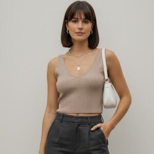 Tan Ribbed V-Neck Stretchy Crop Top SZ XS/S